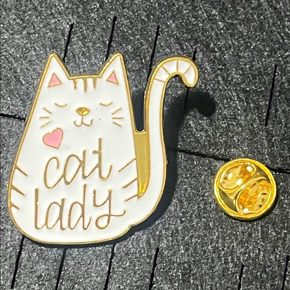 Cat Lady Enamel Pin - White & Pink Cat Accessory - Picture 2 of 7